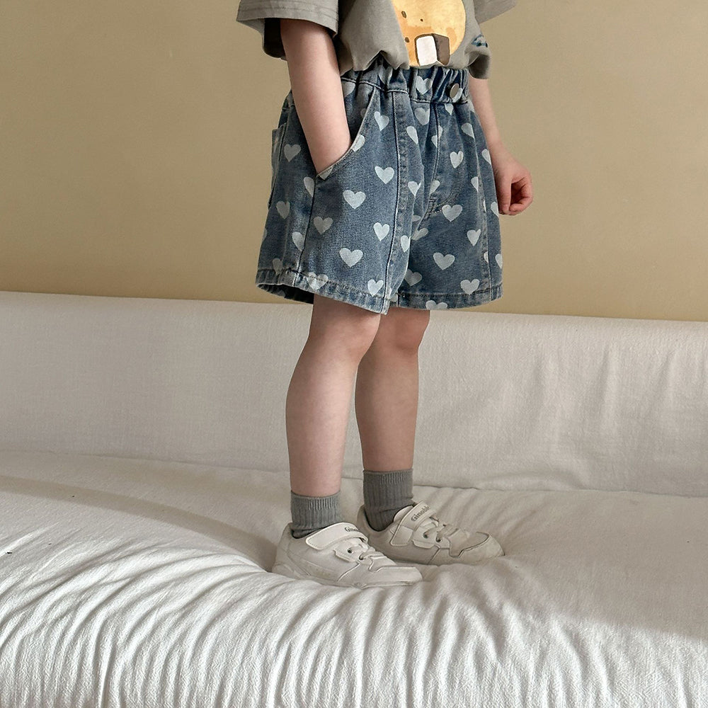 Korte Spijkerbroek met Hartjes - Liva Denim Shorts Baby Peuter Kleuter Kinderen, Lichtblauw/Donkerblauw, Katoen, Maat 0-8 Jaar