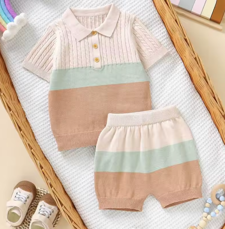 Lumi Petit Knit Polo Set – Gebreide Baby Zomerset 0-2 Jaar – Groen/Blauw/Roze – Unisex & Comfortabel