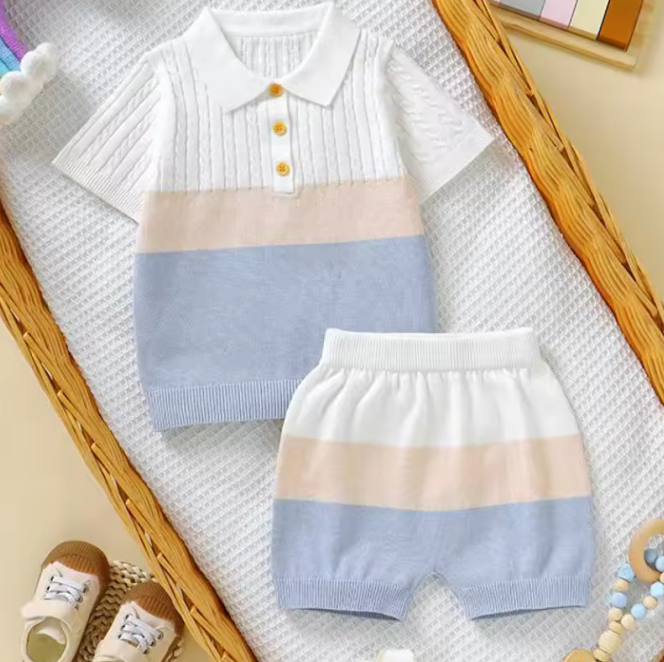 Lumi Petit Knit Polo Set – Gebreide Baby Zomerset 0-2 Jaar – Groen/Blauw/Roze – Unisex & Comfortabel