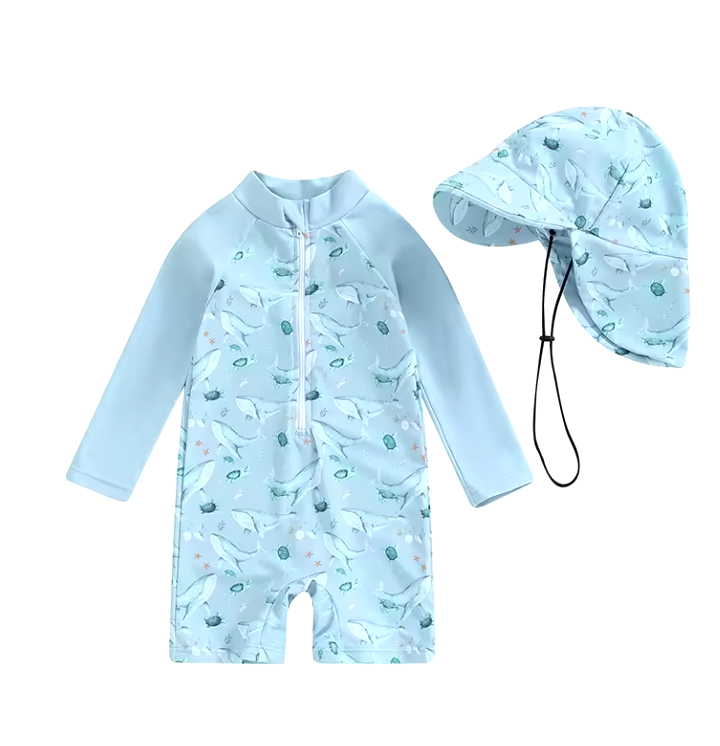 Solvie Ocean Friends UV Zwempakje Set – Baby Zwempak + Hoedje – UPF50+ Bescherming – 0-3 Jaar – Oceaanprint