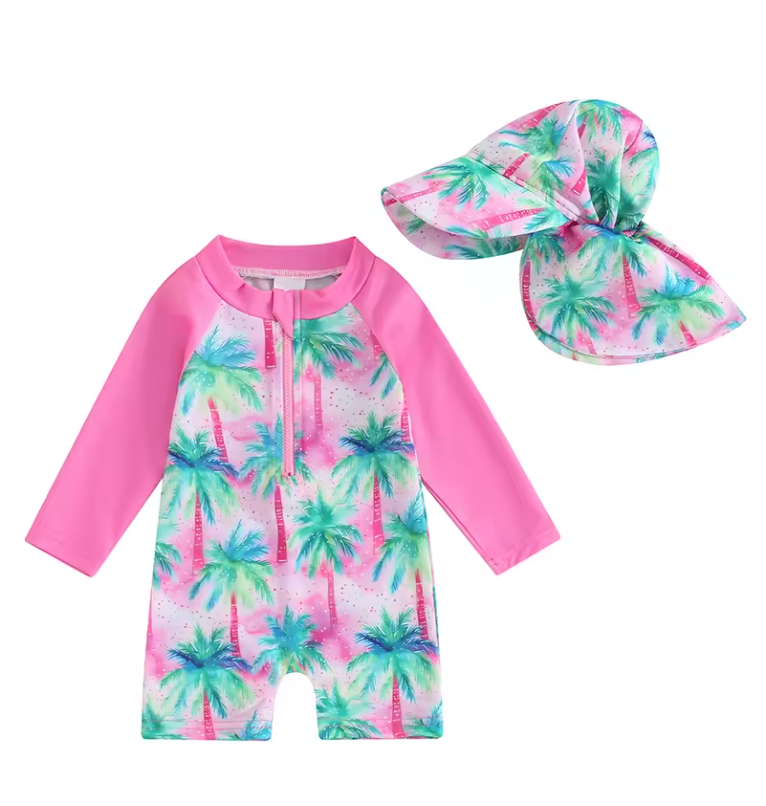 Solvie Palmboom UV Zwempakje Set – Baby Zwempak + Hoedje – UPF50+ Bescherming – 0-3 Jaar – Lange Mouwen