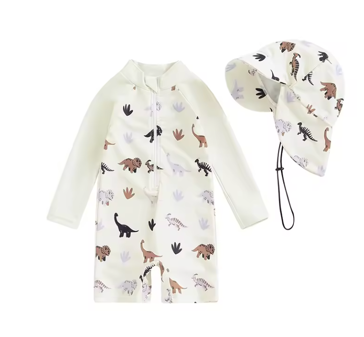 Solvie Dino UV Zwempakje Set – Baby Zwempak + Hoedje – UPF50+ Bescherming – 0-3 Jaar – Lange Mouwen