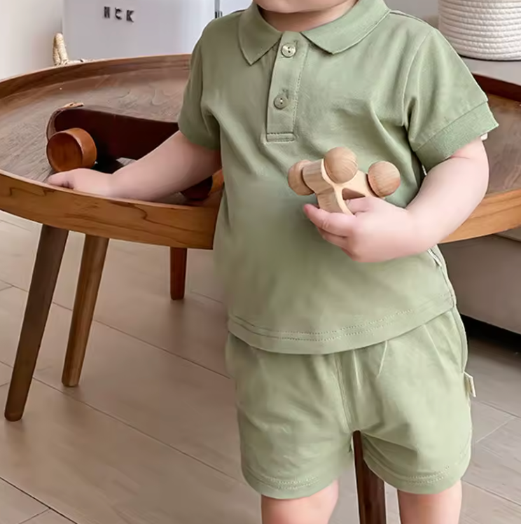 Zomerset Polo met Korte Broek - Beau Jongens, Blauw/Beige/Groen, Katoen, Maat 0-5 Jaar