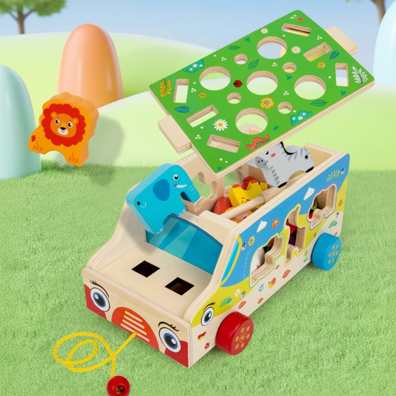 Houten trekwagen met dierenvormen, magnetisch hengelspel en sorteerblokken, montessori activiteitenspeelgoed voor peuter