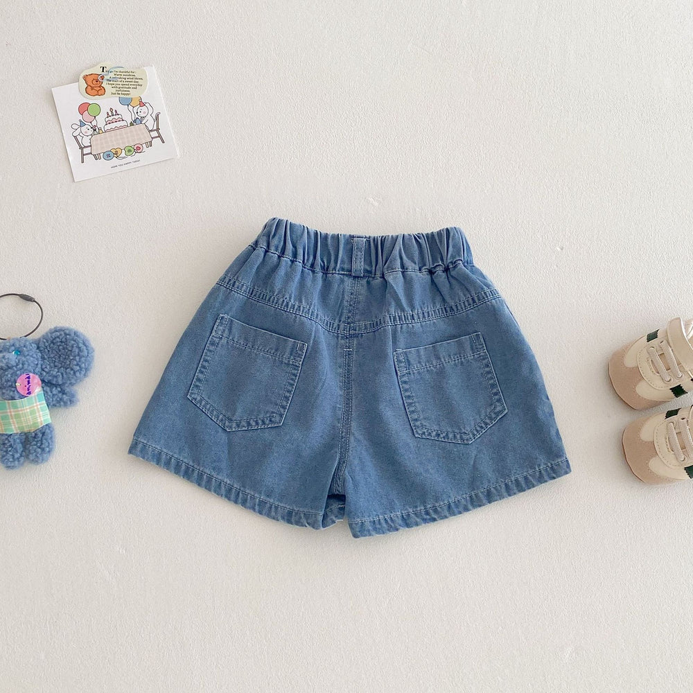 Korte Spijkerbroek Elastiek met Dinoprint - Baby Peuter Kleuter Kinderen, Lichtblauw, Katoen/Denim, Maat 0-5 Jaar