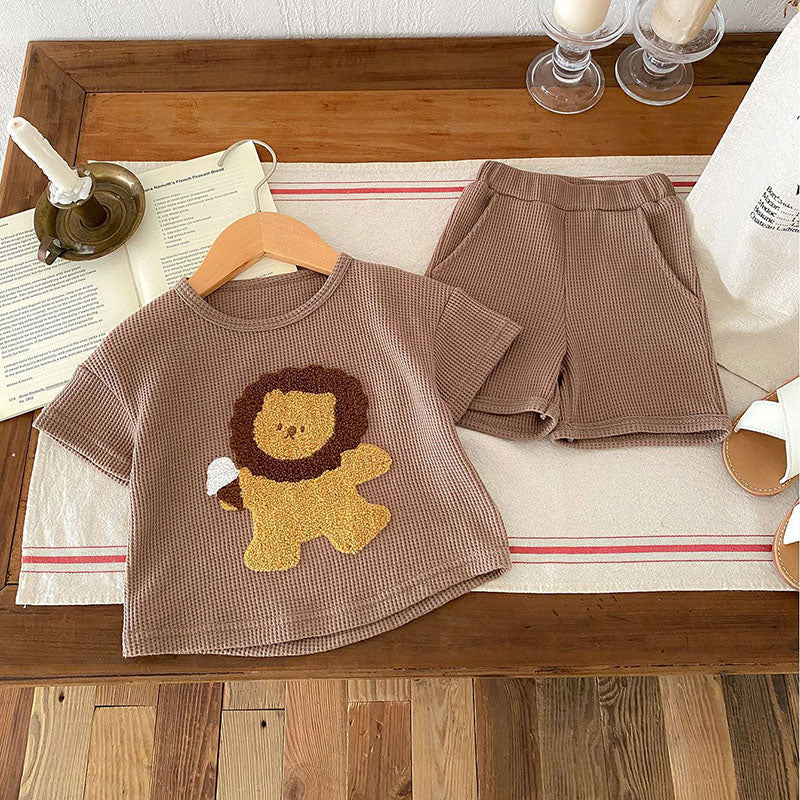 Wafelstof set T-shirt & Short met Leeuw - Little Roar Baby Peuter, Bruin/Beige, Katoen, Maat 0-3 Jaar
