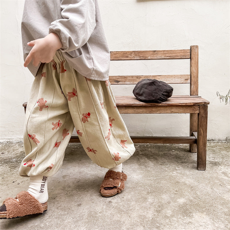 Baggy Broek met Berenprint - Bamboo Bear Unisex, Beige/Grijs, Katoen, Maat 0-6 Jaar
