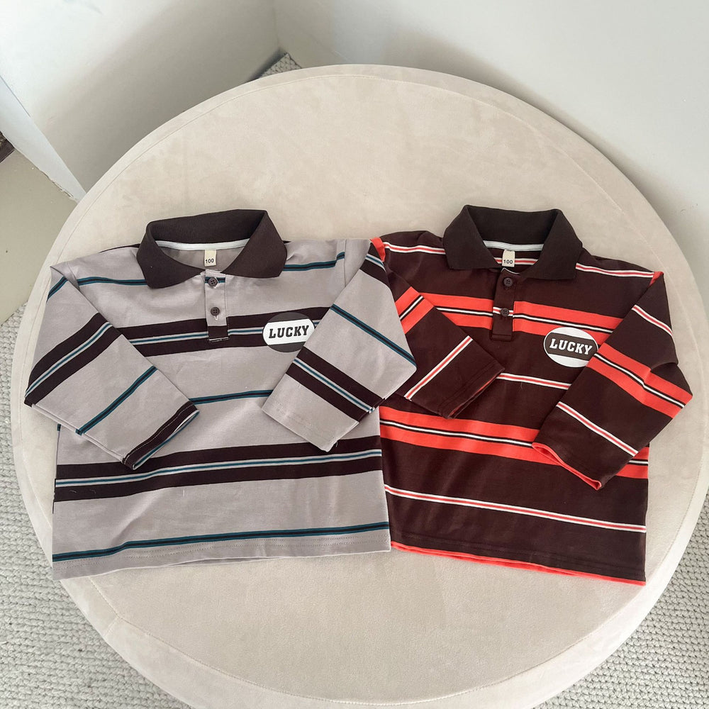 Polo met Strepen - LuckyStripe Unisex, Bruin/Grijs, Katoen, Maat 0-8 Jaar