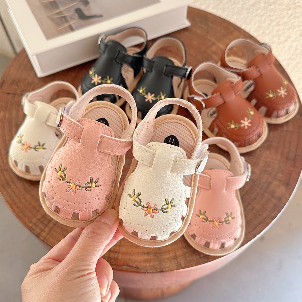 Baby Sandalen met Bloemenborduursel - Little Steps Meisjes, Zwart/Roze/Beige/Groen/Wit, Maat 0-2 Jaar