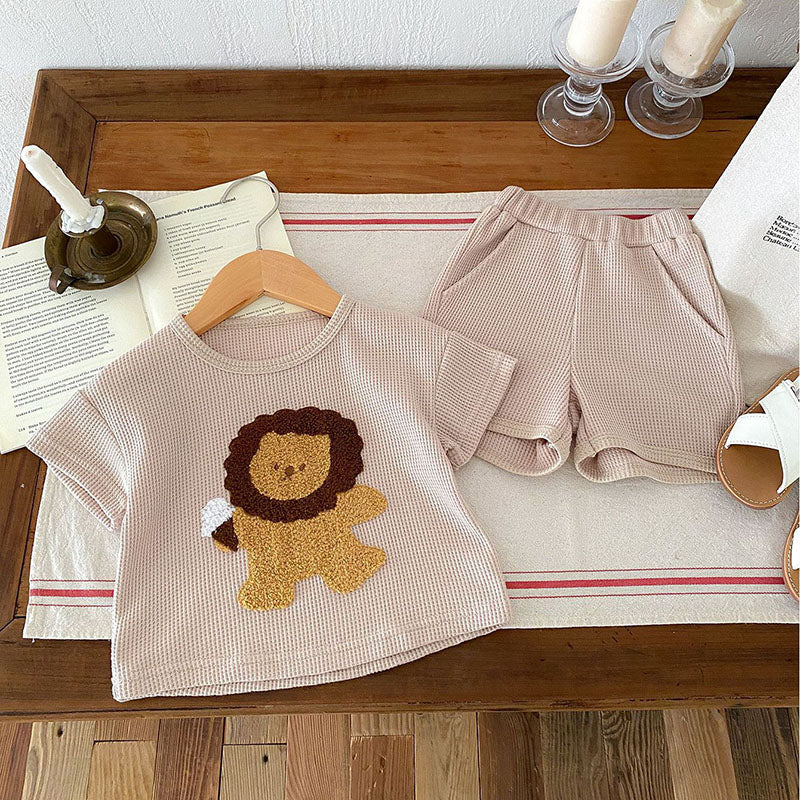 Wafelstof set T-shirt & Short met Leeuw - Little Roar Baby Peuter, Bruin/Beige, Katoen, Maat 0-3 Jaar