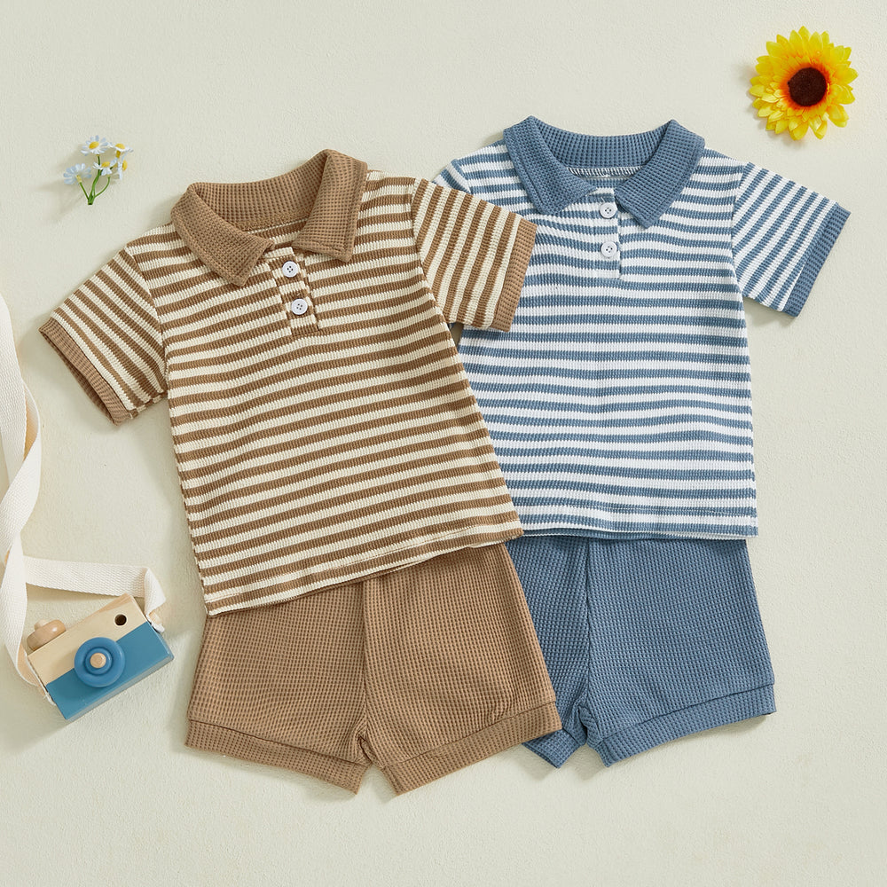TeddyStripe Zomersetje Baby & Peuter | Polo & Short | Ademend Katoen | 6mnd-4jr | Bruin of Blauw Gestreept