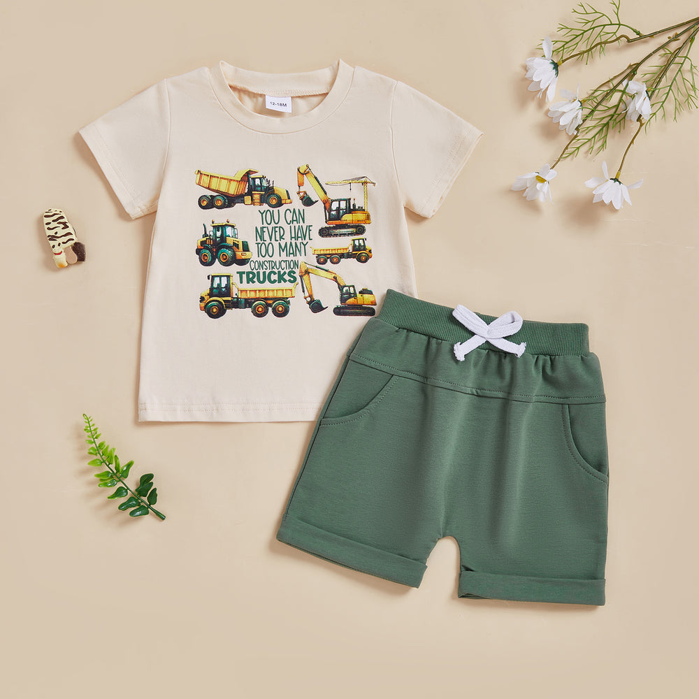 TruckPower Zomerset Jongens | T-shirt met Graafmachines & Short | Katoen & Spandex | 12mnd–5jr | Stoere Bouwvoertuig Outfit