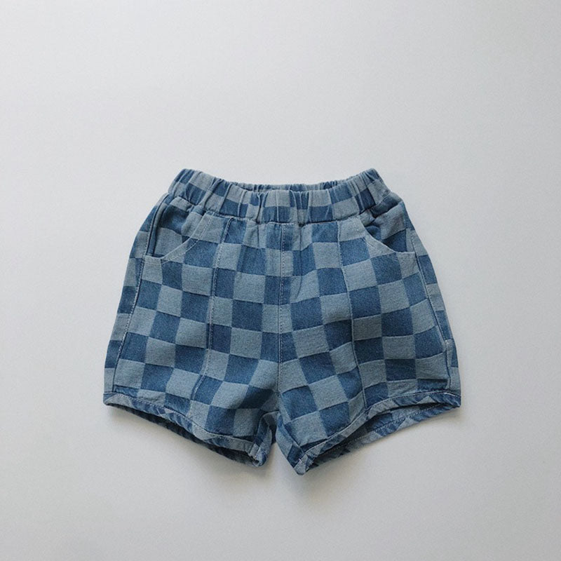 Nolu Checker Shorts – Kinderbroek Geruit Blauw – Unisex Zomershort Katoen – Elastische Taille – Maat 0-6 Jaar