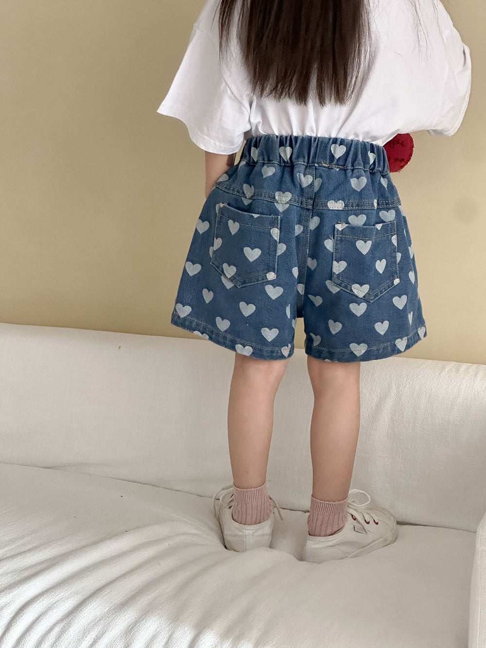 Korte Spijkerbroek met Hartjes - Liva Denim Shorts Baby Peuter Kleuter Kinderen, Lichtblauw/Donkerblauw, Katoen, Maat 0-8 Jaar