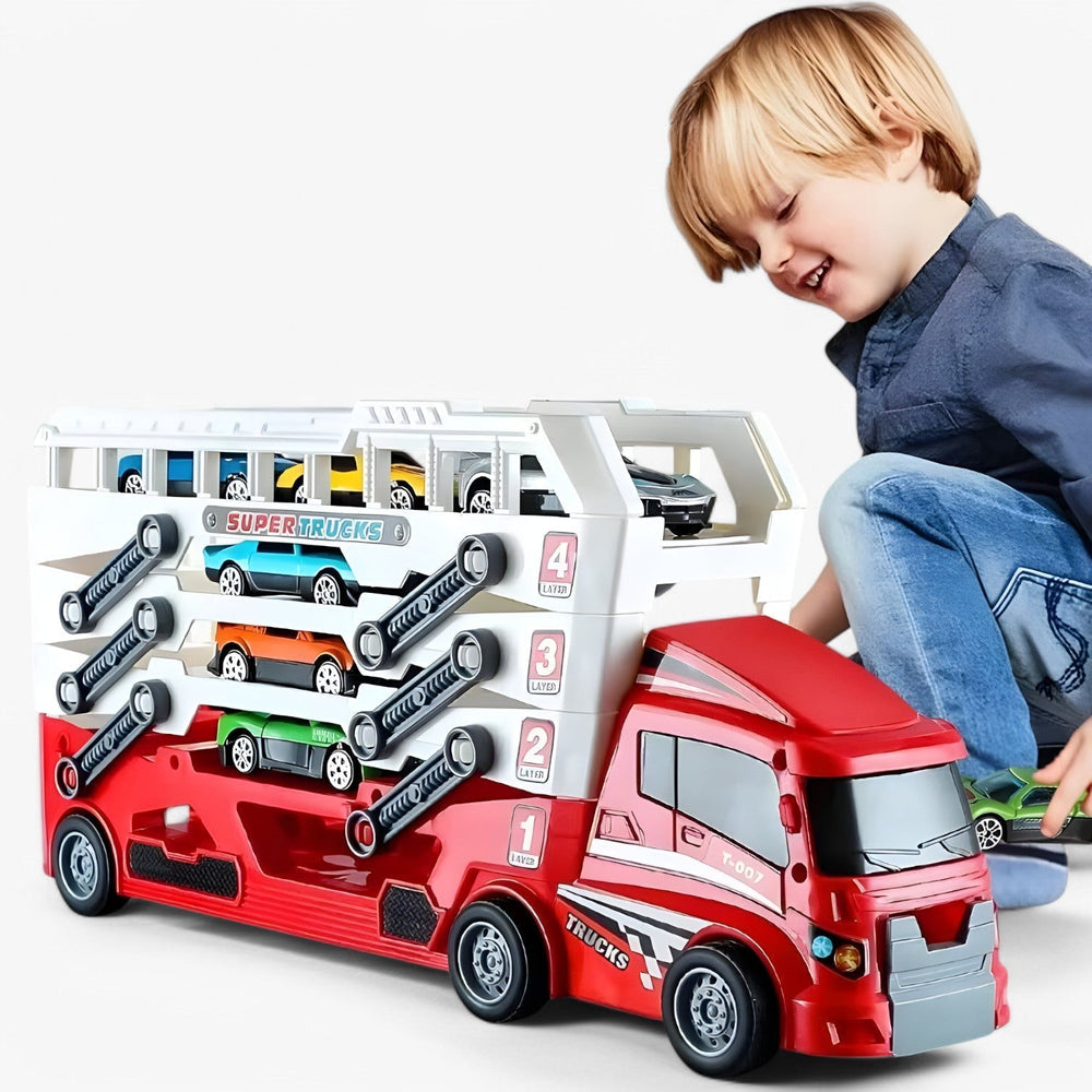 Speelgoed autotransporter met 6 raceauto's – laadfunctie, zonder batterijen | vrachtwagen