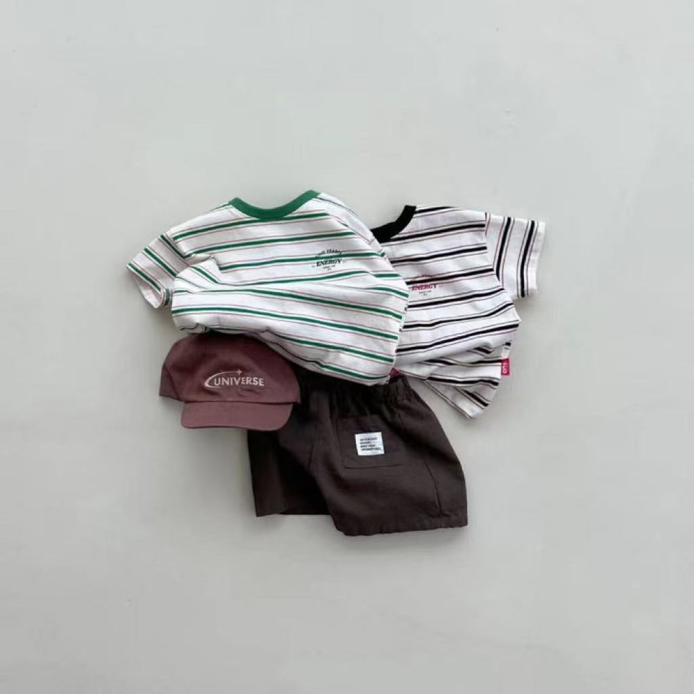Mini Energy Baby T-shirt – Gestreept Katoen Shirt met Tekstprint | Uniseks | Maat 0–3 Jaar