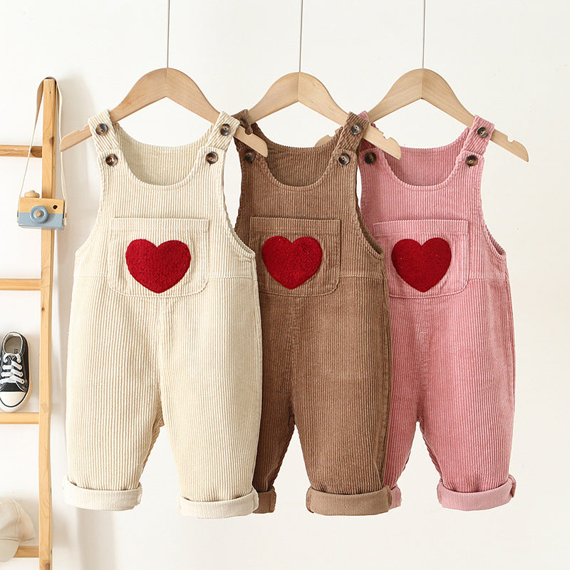 Tuinbroek met Hart - Cordi Love Meisjes, Beige/Roze/Bruin, Katoen, Maat 0-4 Jaar