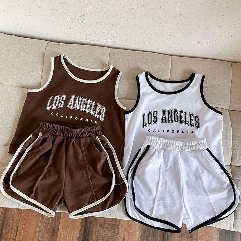 Basketbal LA Kleding Set Korte Broek + Hemd - Baby Peuter Kleuter Kinderen, Bruin/Wit, Katoen, Maat 0-8 Jaar