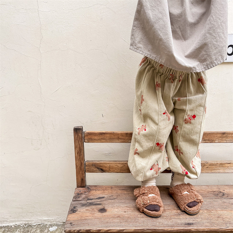 Baggy Broek met Berenprint - Bamboo Bear Unisex, Beige/Grijs, Katoen, Maat 0-6 Jaar
