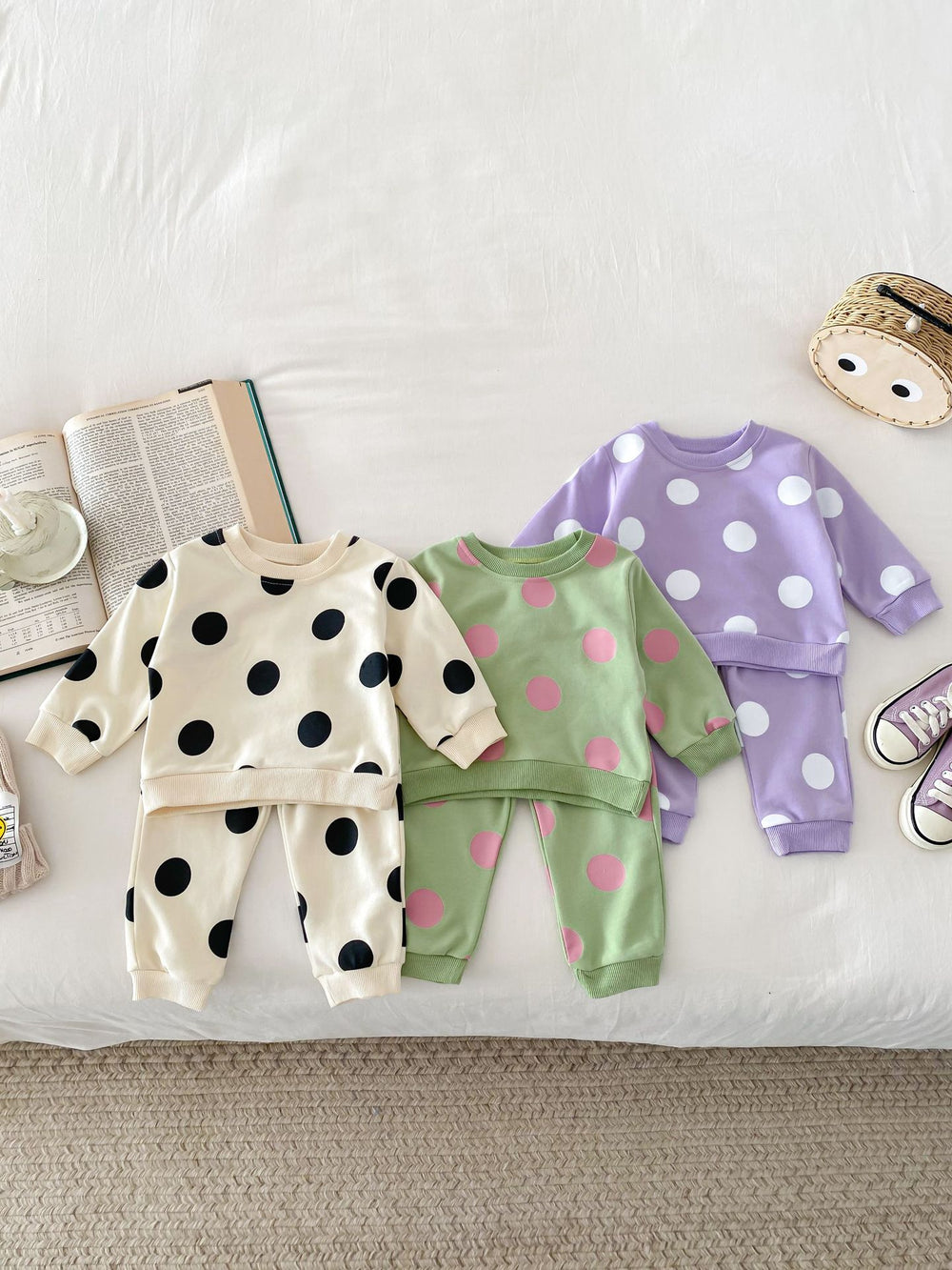 Joggingpak met Stippen - DottyDays Meisjes, Paars/Beige/Groen, Katoen, Maat 0-4 Jaar