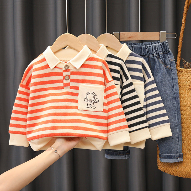 Set met Gestreepte Trui en Spijkerbroek - Astronaut Little Voyager Jongens, Rood/Blauw/Zwart, Katoen, Maat 0-5 Jaar