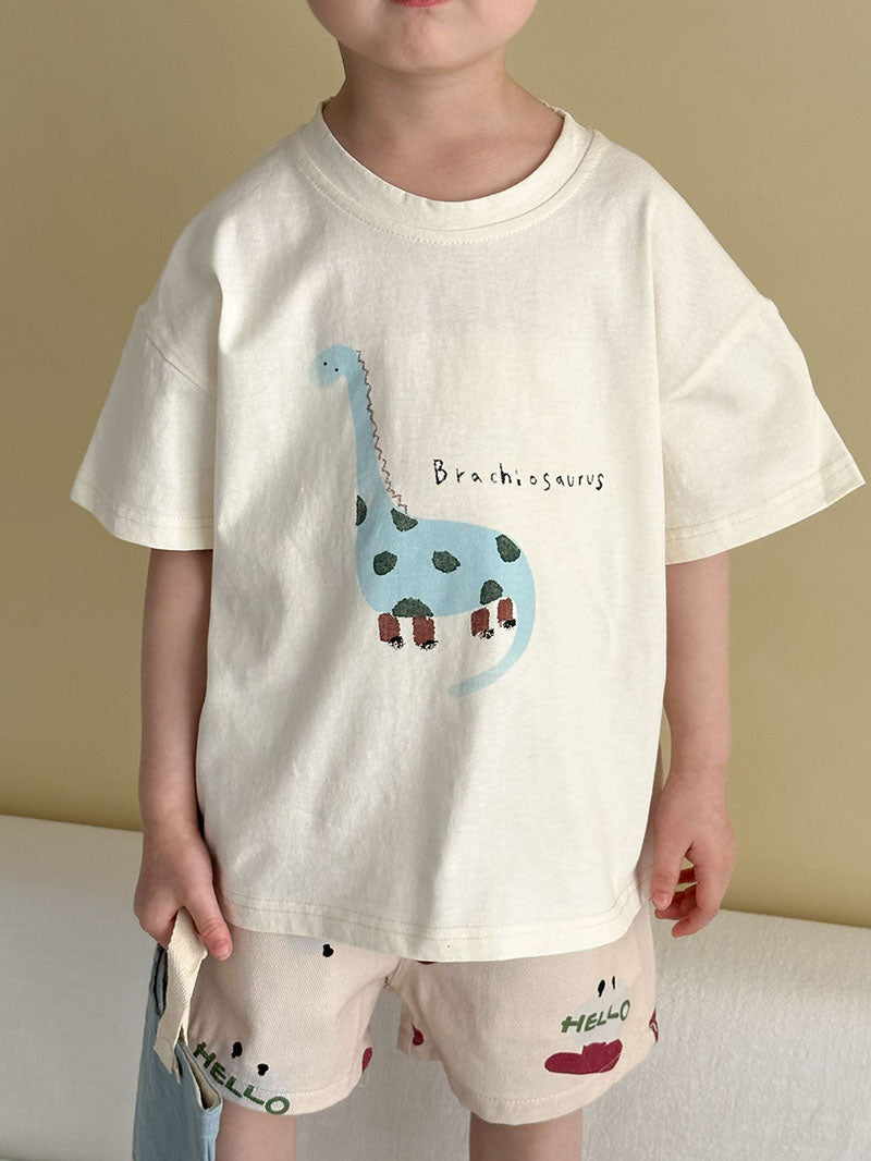 T-shirt met Dinoprint - Baby Peuter Kleuter Kinderen, Groen/Grijs/Beige/Roze, Katoen, Maat 0-8 Jaar