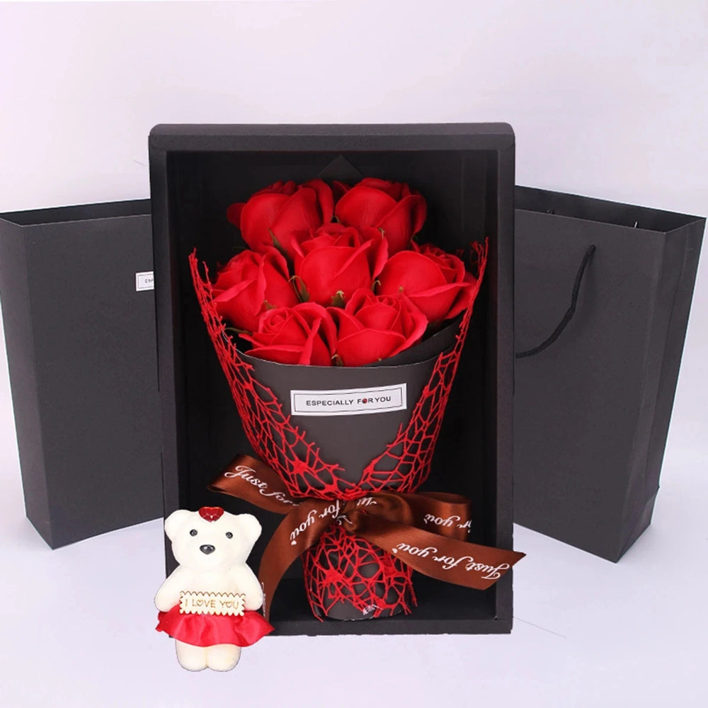 BloomCherish Zeeprozen Boeket met Beer – Luxe Cadeaubox voor Valentijn & Moederdag