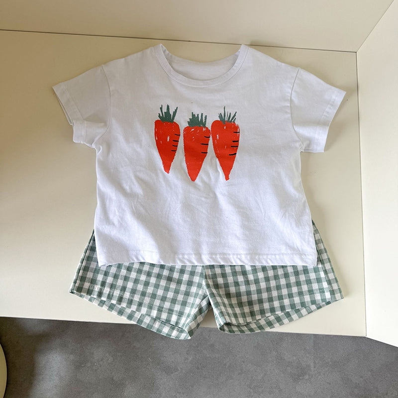 Frubino Fruit & Veggie Set – Zomer Kledingset Baby/Peuter/Kind 0-9 Jaar – T-shirt + Ruitshort – 100% Katoen – Unisex – Fruit Print