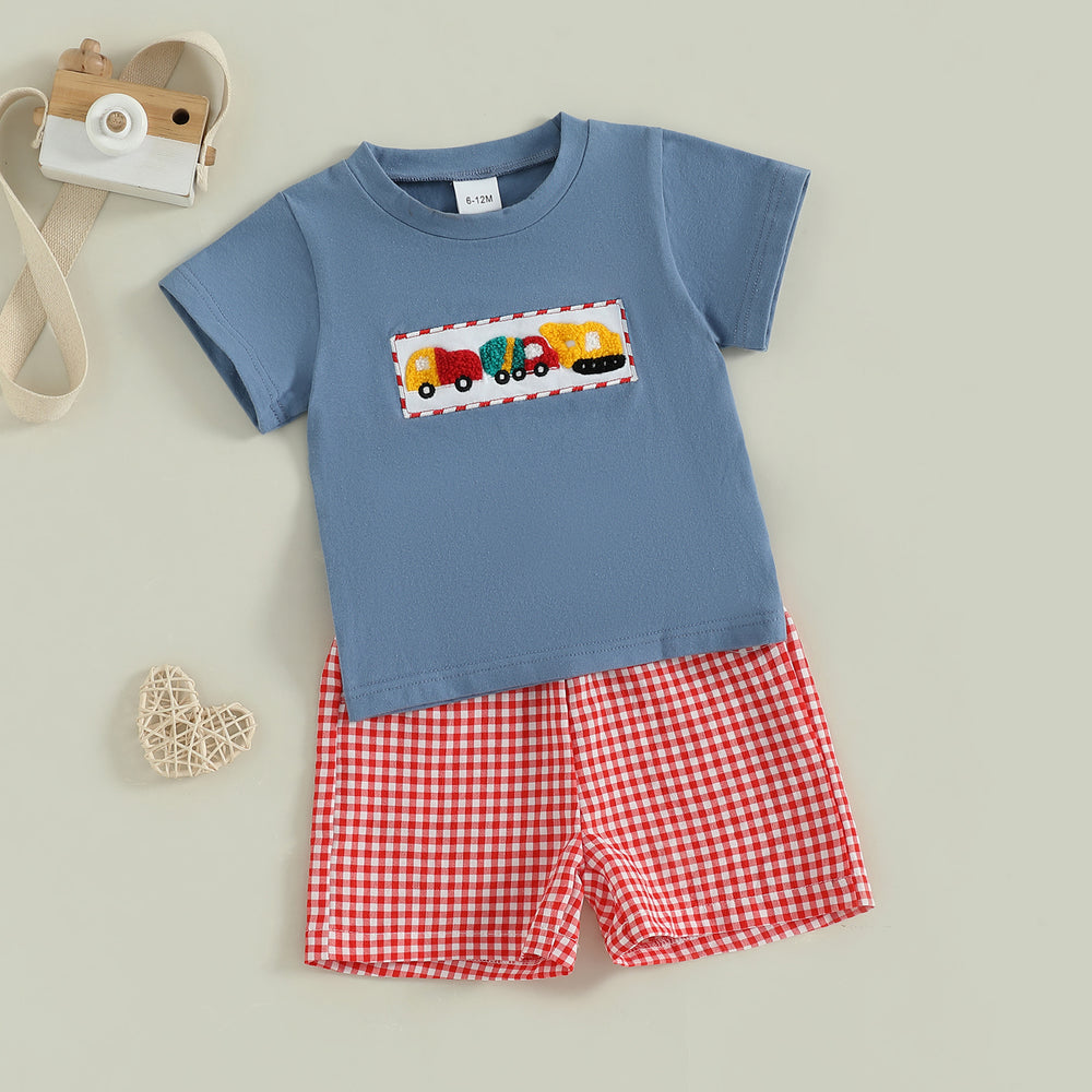 Checkered Truck Zomerset Jongens | T-shirt met Auto's & Ruitjes Short | 6mnd–4jr | Katoen & Polyester | Blauw & Rood