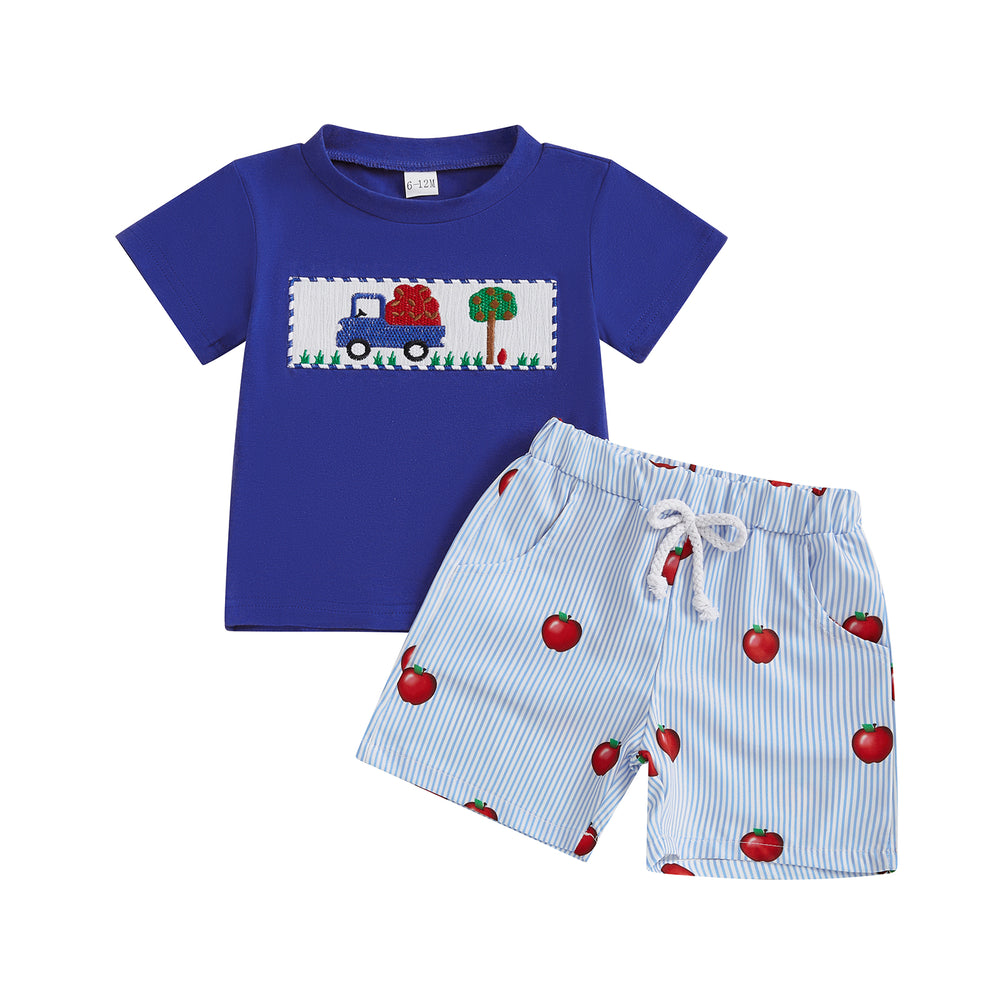 AppleTruck Zomerset Jongens | T-shirt met Appeltruck & Gestreepte Short | Katoen & Polyester | 6mnd–4jr | Blauw & Rood