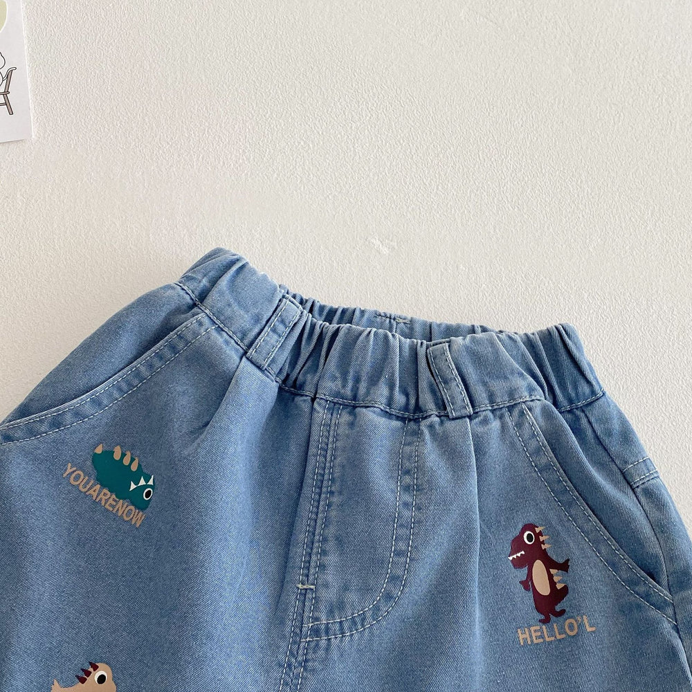 Korte Spijkerbroek Elastiek met Dinoprint - Baby Peuter Kleuter Kinderen, Lichtblauw, Katoen/Denim, Maat 0-5 Jaar