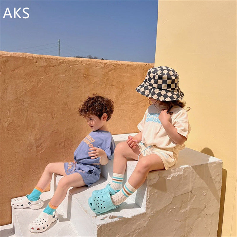 Zomerset korte broek met t-shirt - CaffèKids Unisex, Blauw/Beige, Katoen, Maat 0-6 Jaar