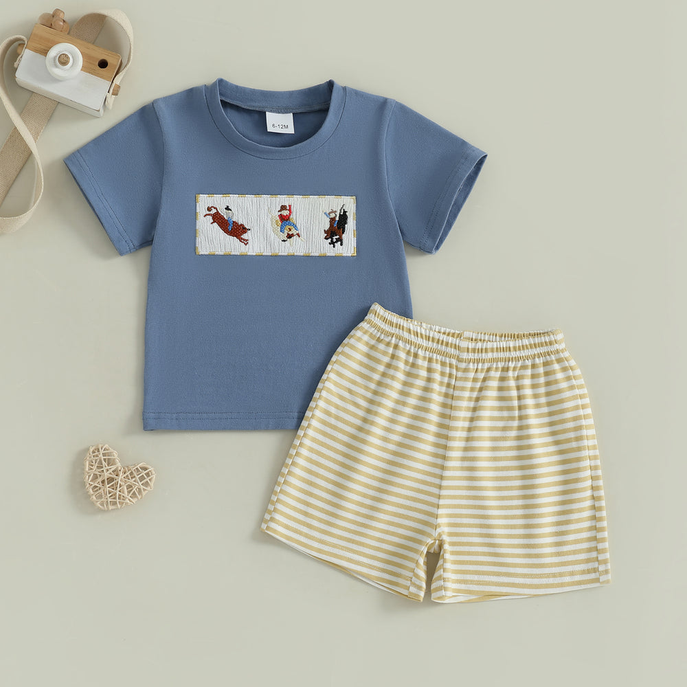 JungleJump Zomerset Jongens | T-shirt met Aapjes & Gestreepte Short | Katoen & Polyester | 6mnd–4jr | Blauw & Geel