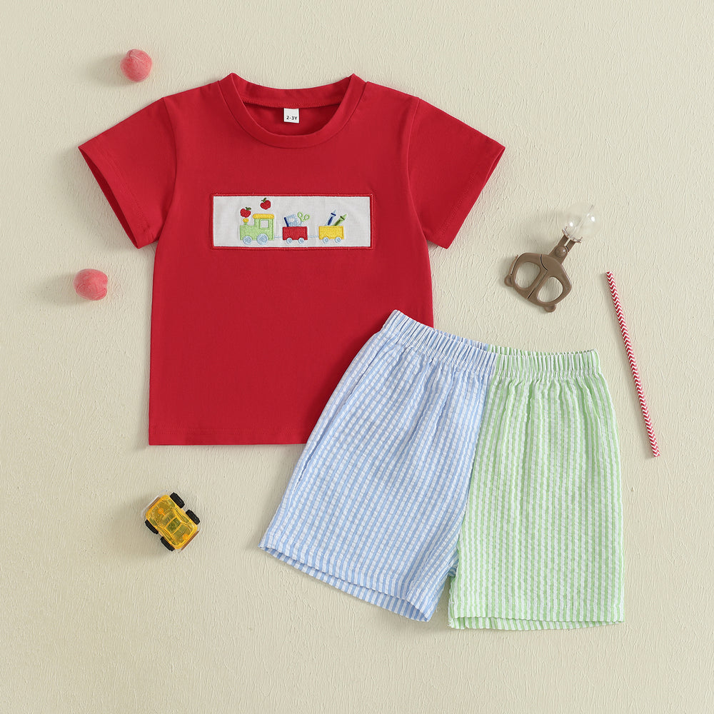 Schooltrain Zomerset Jongens | Rood T-shirt met Treinprint & Gestreepte Short | Katoen & Polyester | 2–6 Jaar | Zomerspeelkleding