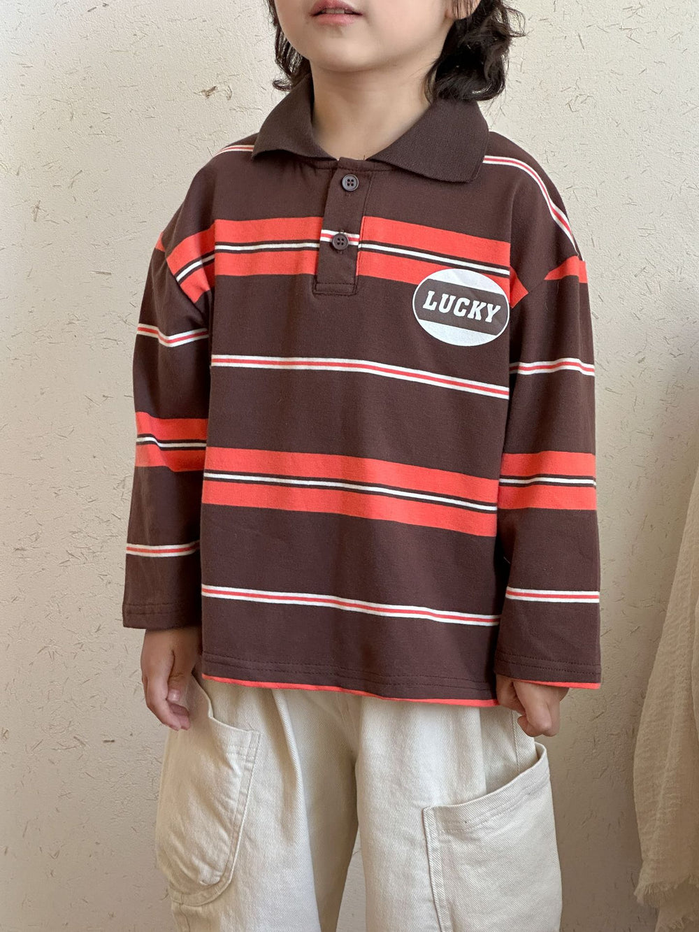 Polo met Strepen - LuckyStripe Unisex, Bruin/Grijs, Katoen, Maat 0-8 Jaar