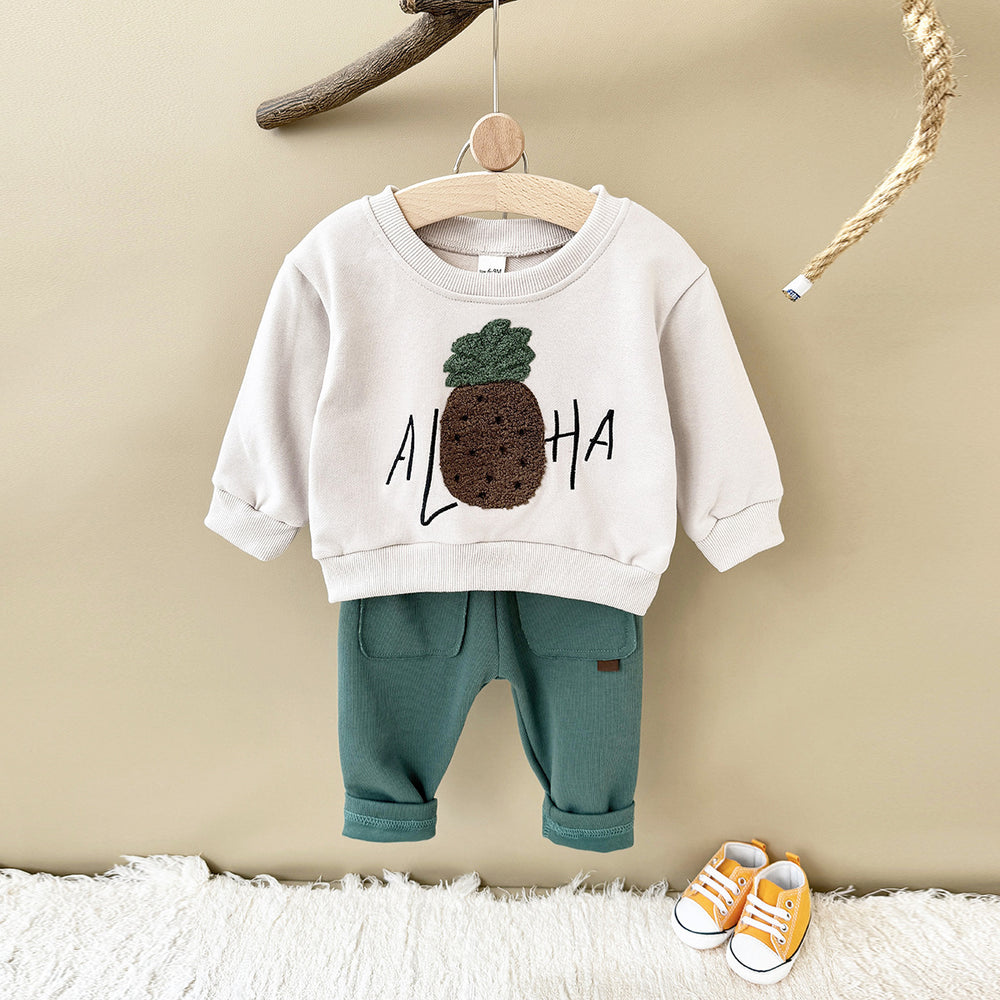 Joggingpak met Ananas - Aloha Adventure Unisex, Beige/Groen, Katoen, Maat 0-3 Jaar