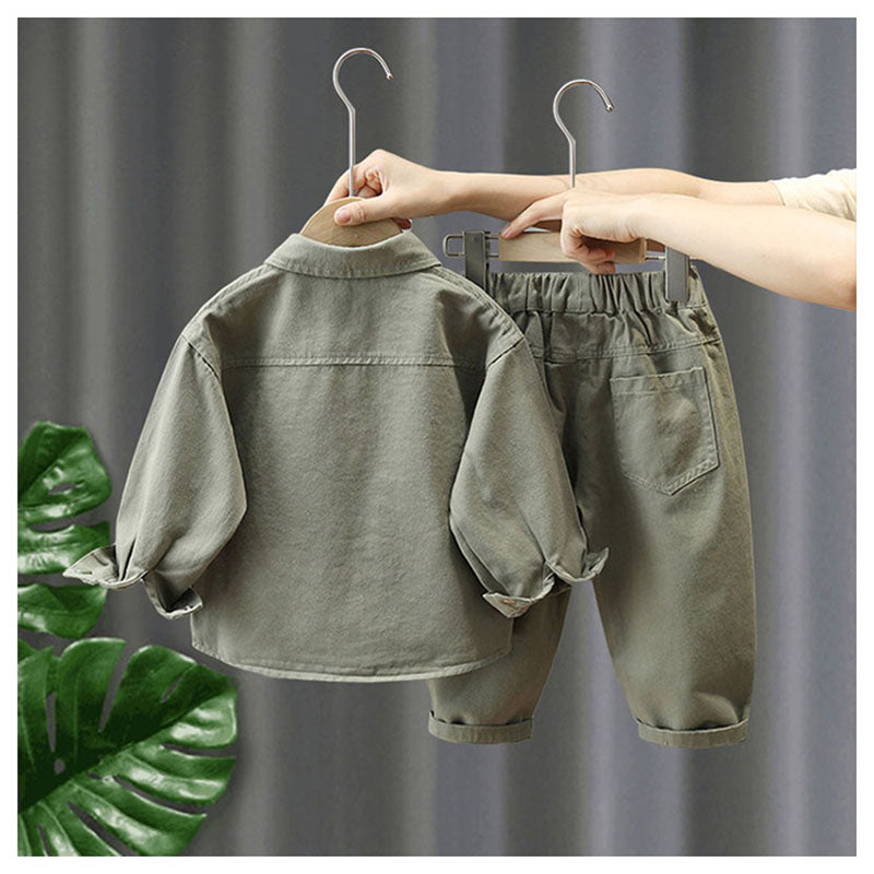 Set met Broek en Shirt - Little Explorer Unisex, Beige/Groen, Katoen, Maat 0-7 Jaar