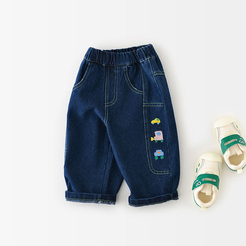 Spijkerbroek met Autoprint - Little Wheels Jeans Jongens, Blauw, Katoen, Denim, 0-3 Jaar