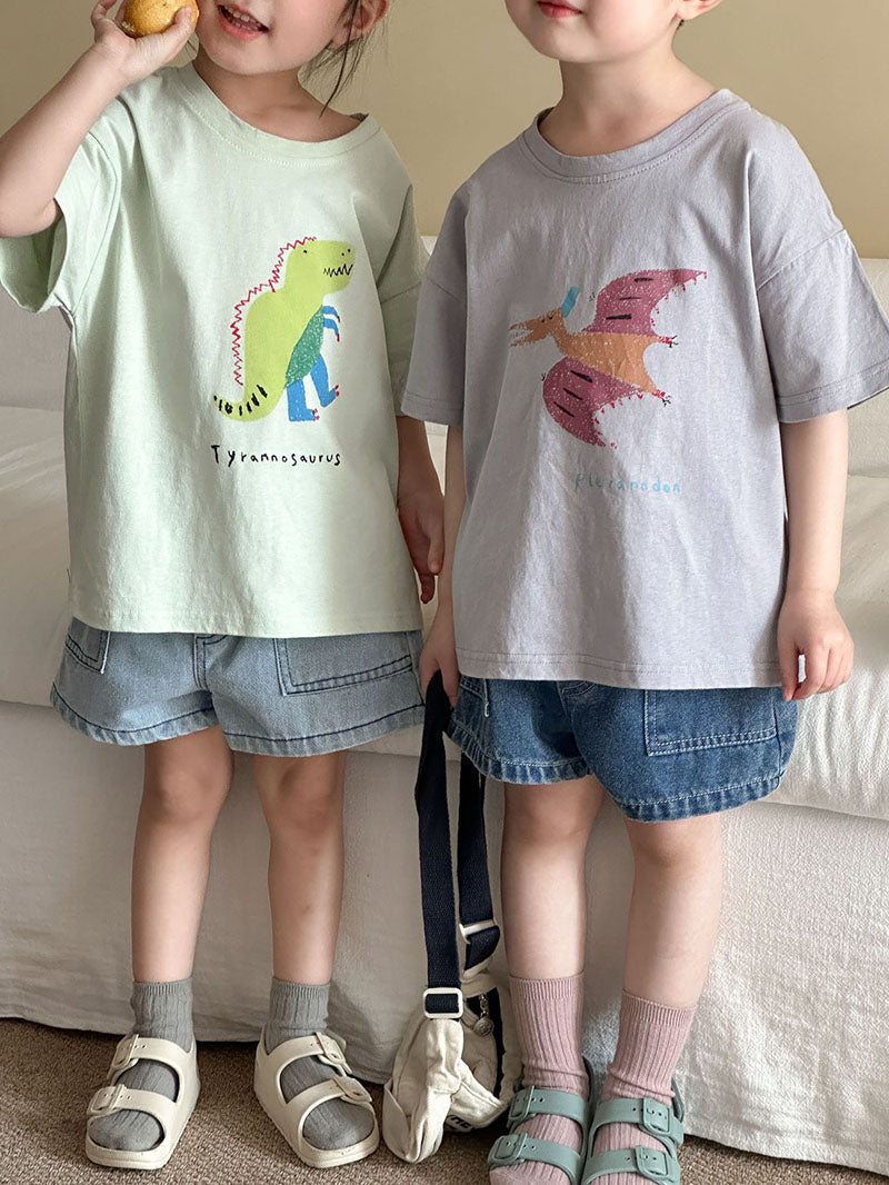 T-shirt met Dinoprint - Baby Peuter Kleuter Kinderen, Groen/Grijs/Beige/Roze, Katoen, Maat 0-8 Jaar