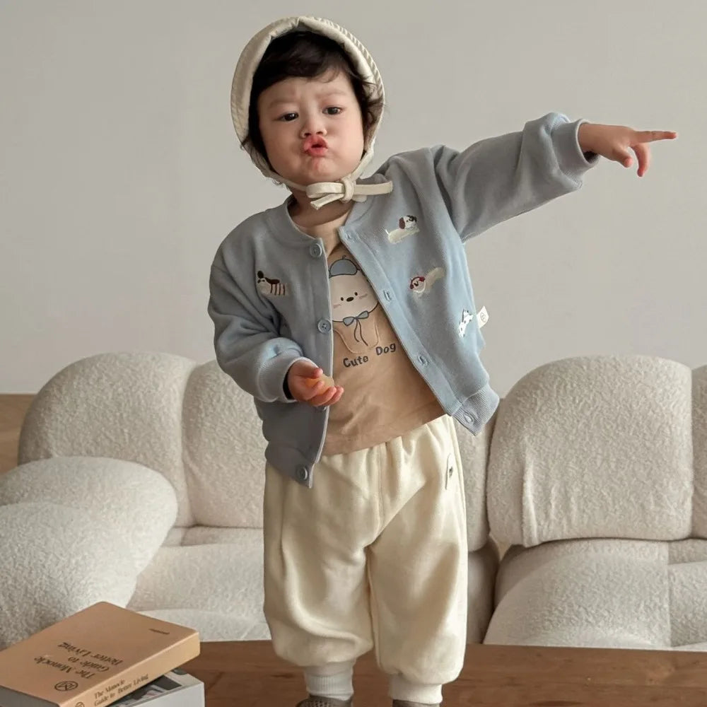 Trendy Baby & Peuter Baseball Jas – Herfst, Honden Borduursels & Comfortabel