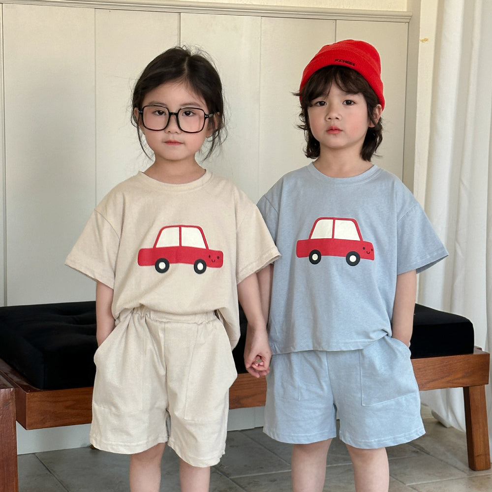 T-shirt en Short Zomerset - VroomVibes Unisex, Blauw/Beige, Katoen, Maat 0-8 Jaar