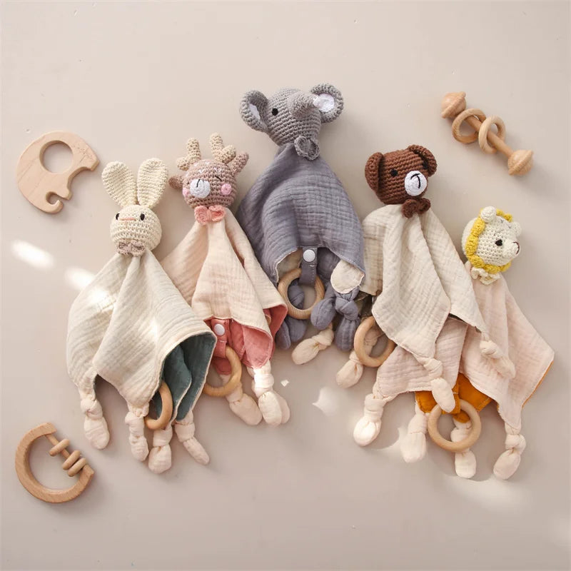 Knuffeldoekje voor Baby met Houten Bijtring en Rammelaar - 100% Katoen | Ideaal voor Doorkomende Tandjes & Comfort