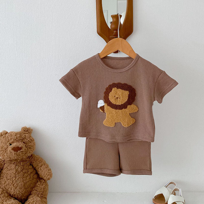 Wafelstof set T-shirt & Short met Leeuw - Little Roar Baby Peuter, Bruin/Beige, Katoen, Maat 0-3 Jaar