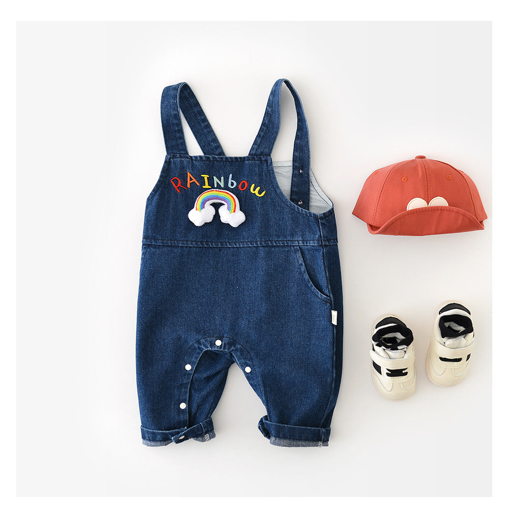 Tuinbroek met Regenboog - HappyHues Meisjes, Blauw, Katoen, Denim, Maat 0-3 Jaar