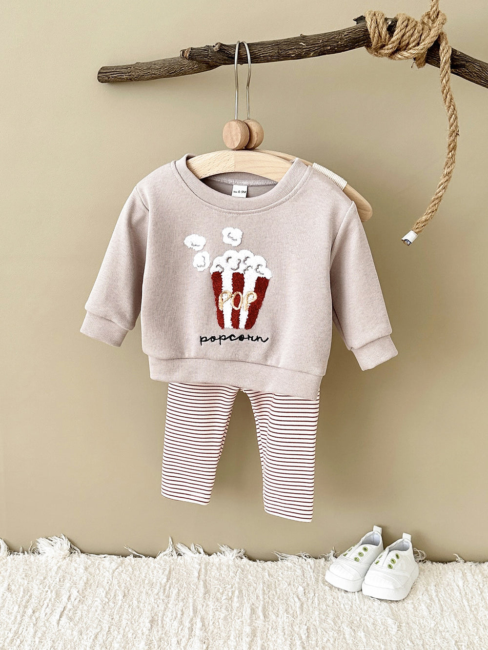 Kledingset Legging met Sweater Popcorn - Poppi Unisex, Beige, Katoen, Maat 0-3 Jaar
