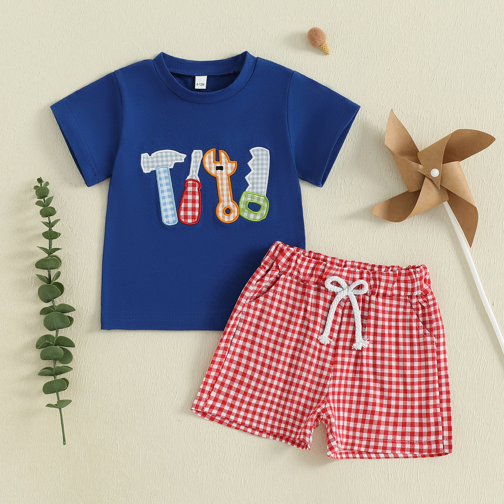 ToolTime Zomerset Jongens | T-shirt met Gereedschap & Ruitjes Short | 6mnd–4jr | Katoen & Polyester | Blauw & Rood