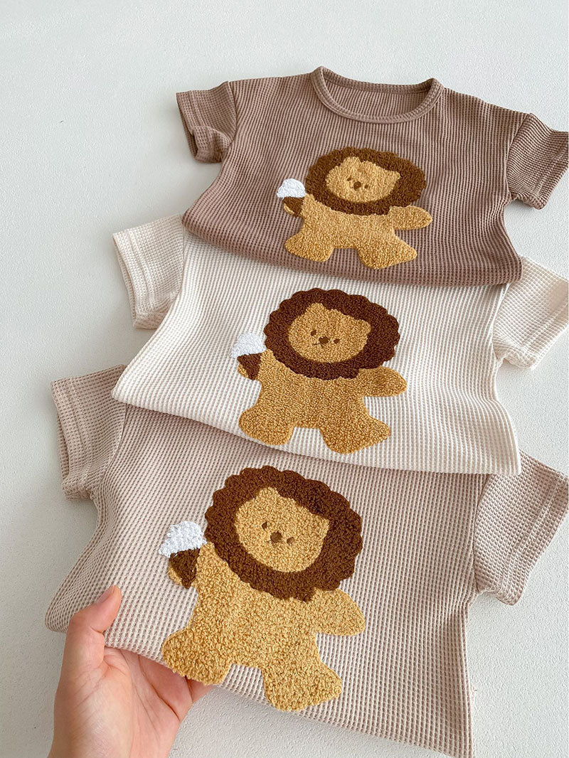 Wafelstof set T-shirt & Short met Leeuw - Little Roar Baby Peuter, Bruin/Beige, Katoen, Maat 0-3 Jaar