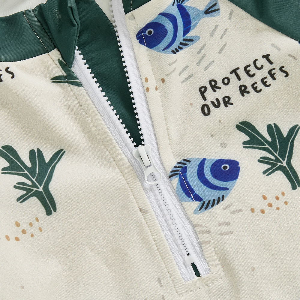 OceanGuard Zwemromper Set Baby & Peuter | Lange Mouwen & Zonnehoed | UV-Bescherming | Vissen & Schildpadden | 0-3 Jaar