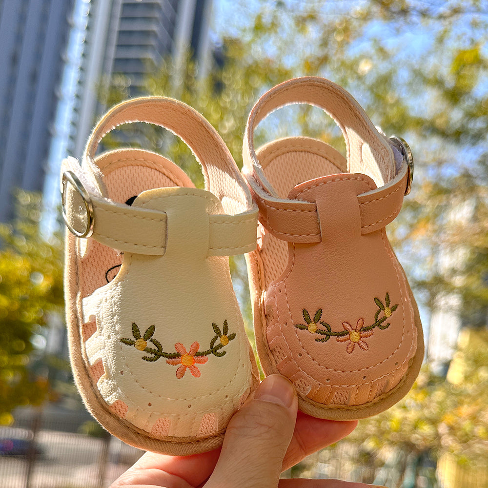 Baby Sandalen met Bloemenborduursel - Little Steps Meisjes, Zwart/Roze/Beige/Groen/Wit, Maat 0-2 Jaar