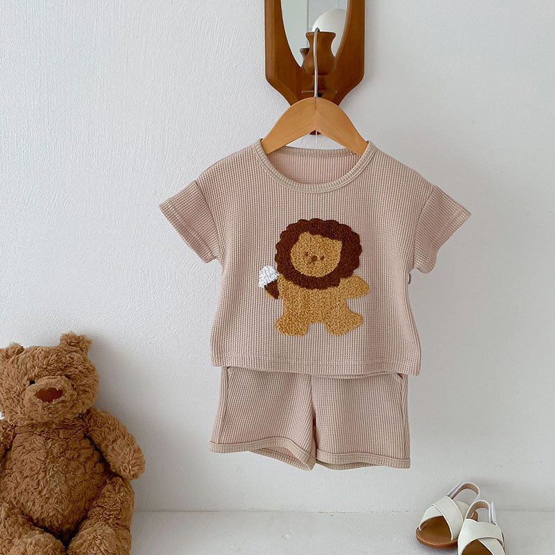 Wafelstof set T-shirt & Short met Leeuw - Little Roar Baby Peuter, Bruin/Beige, Katoen, Maat 0-3 Jaar